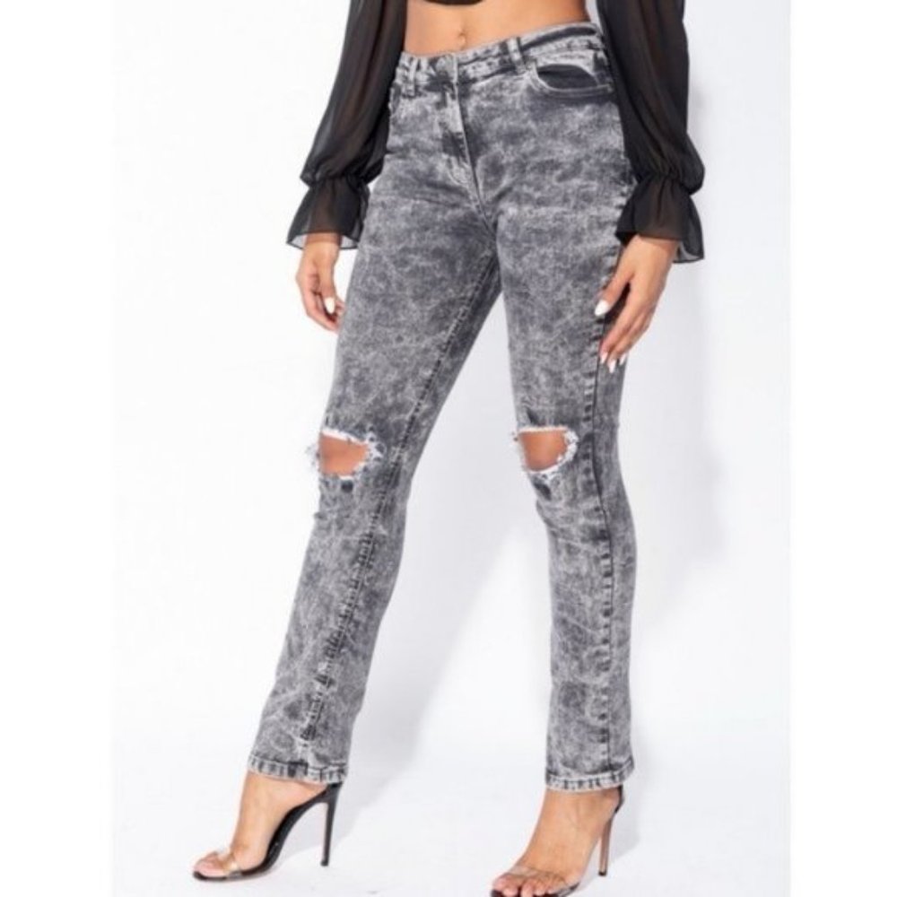 Gray Acid Wash High Waist Ripped Distressed Straight Leg Jeans Denim Pants - Picture 4 of 15